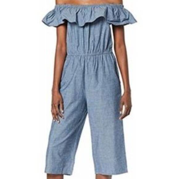 dRA Los Angeles Women's Chambray Ruffled Off The Shoulder Jumpersuit XS Wide Leg - Picture 1 of 15